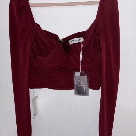 Self-Portrait Burgundy Long Sleeve Crop Top - Picture 6 of 8